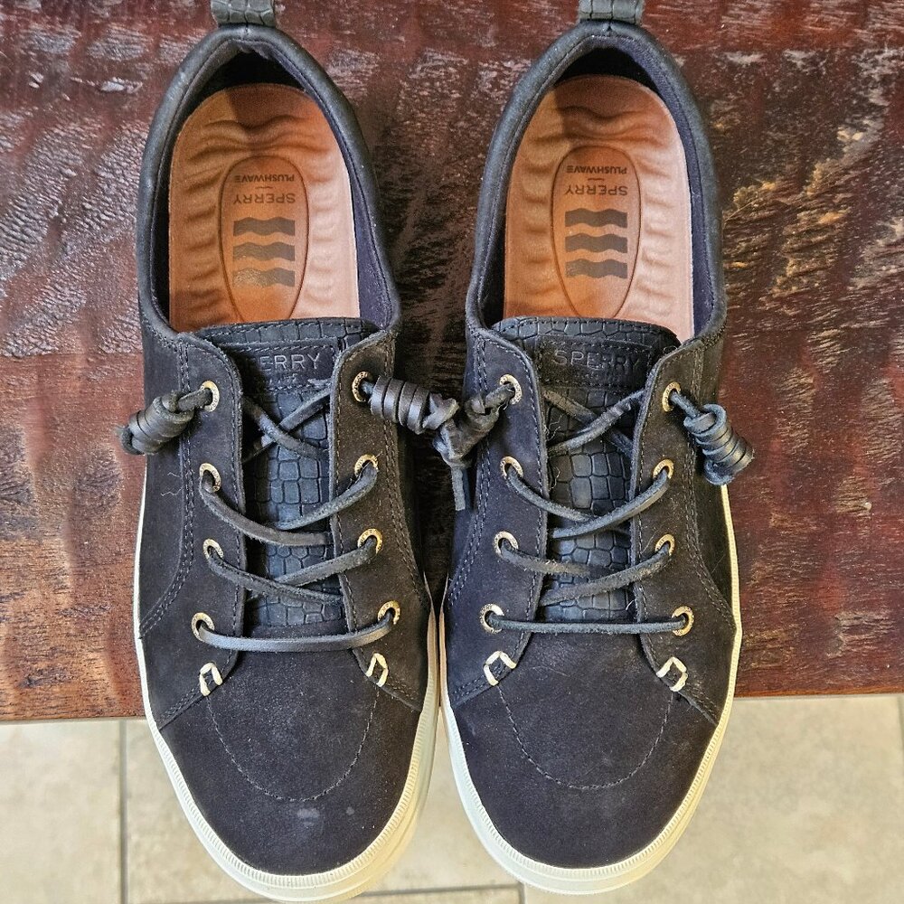 Sperry Women's Crest Vibe Plushwave Black Snake Nubuck Leather Sneakers, Sz 9 - Picture 2 of 16